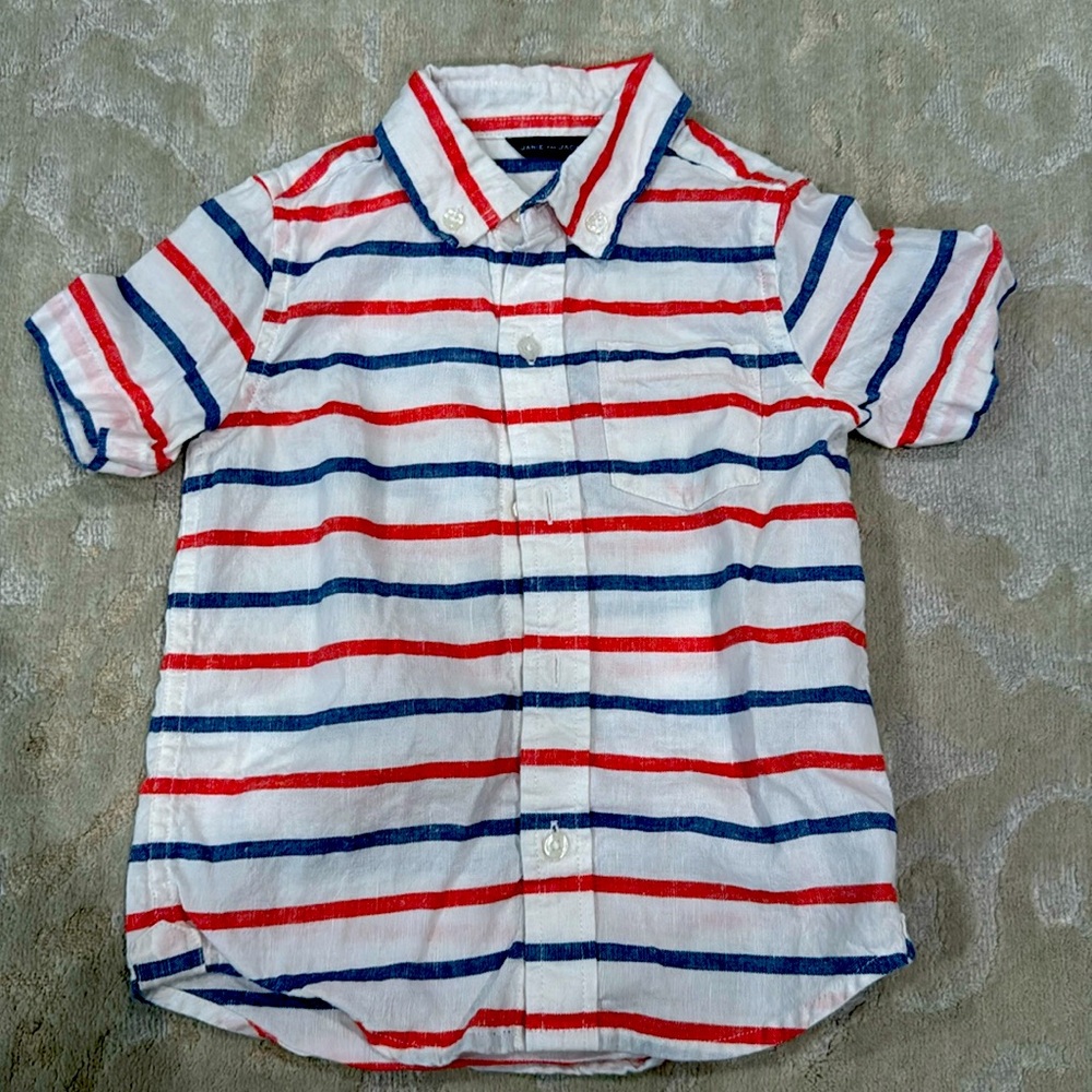 Janie and Jack, short sleeve linen blend, red and blue striped shirt